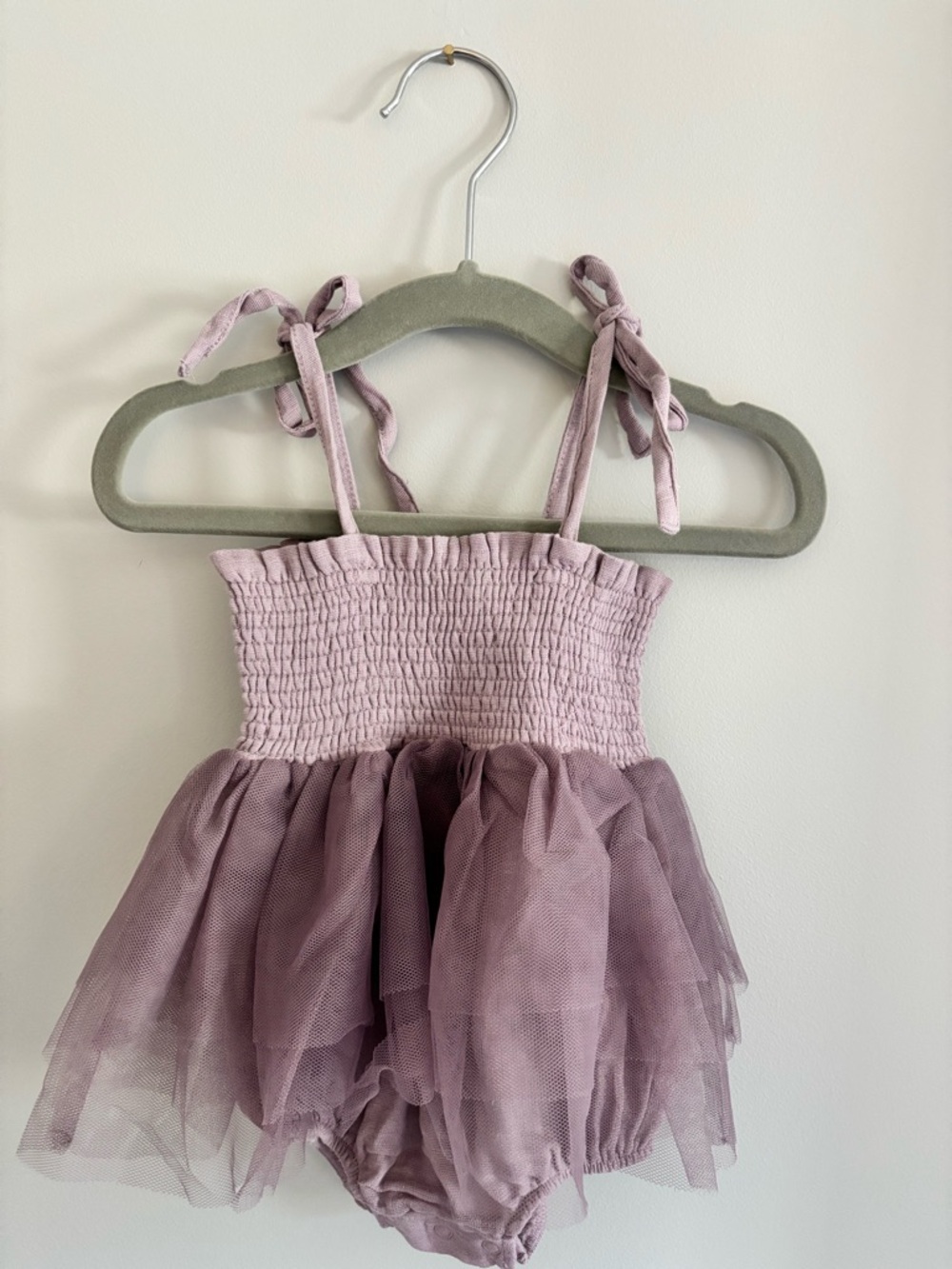 Mauve Tulle Baby Romper with Smocked Bodice